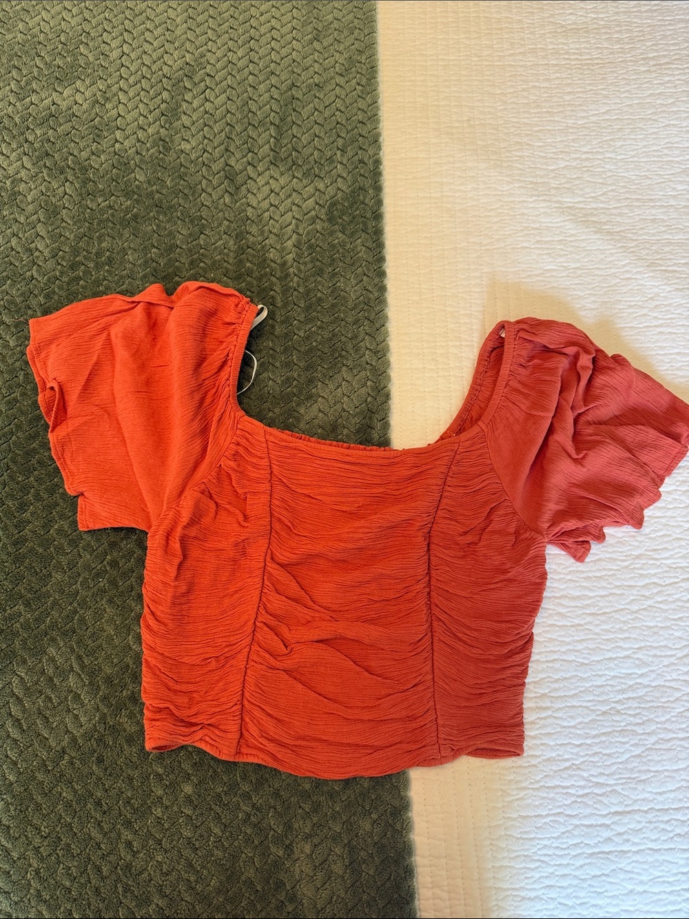 Jessica Simpson Burnt Orange Ruched Puff Sleeve Crop Top